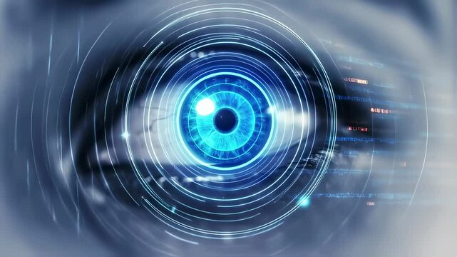A macro view showcases a luminous blue bionic eye, its iris encircled by radiant neon rings and subtle data particles.