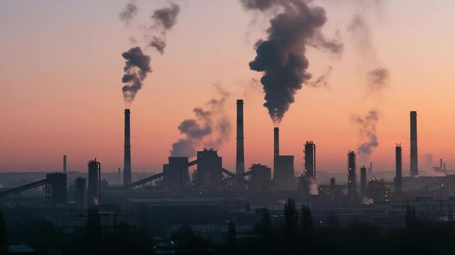 Industrial skyline with smoke stacks against colorful sunset sky  