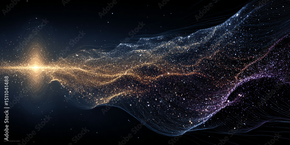 Poster abstract image of glittering particles forming flowing waves, gold and purple hues on dark backgroun
