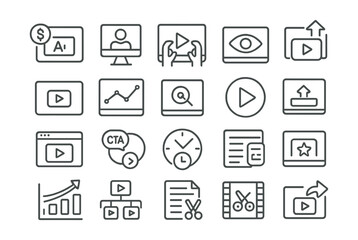 Line style icons of video marketing: video ad, explainer video, tutorial clip, video views, engagement meter, YouTube icon, video analytics, video SEO, play button, video upload, embedded video,