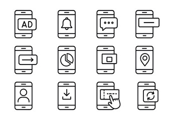 Line style icons of mobile marketing: mobile ad, push notification, SMS marketing, in-app banner, mobile CTA, mobile segment, app promo, geo-targeting icon, mobile user icon, app download, mobile