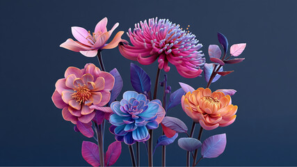 A collection of colorful artificial flowers with leaves on a dark blue background display artwork