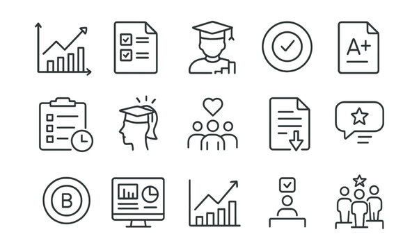 Line style icons of learning analytics and reports: performance graph, quiz results, student stats, completion rate, test score icon, activity log, learner insights, engagement rate, report download,