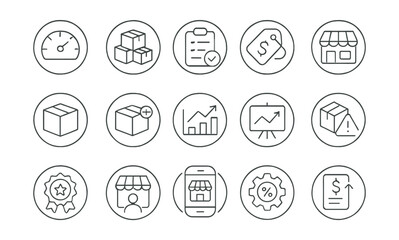 Line style icons of round store management: round dashboard icon, round inventory icon, round order icon, round revenue icon, round product icon, round add item, round analytics icon, round sales