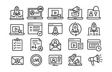 Line style icons of launching and distributing online courses: course launch, go live icon, course publish, enrollment open, lesson release, new module icon, course activation, launch countdown,