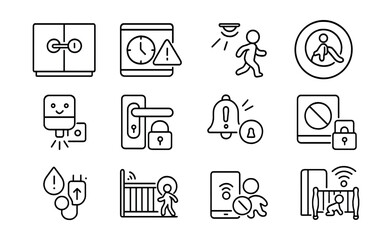Line style icons of child safety in smart home: cabinet lock, screen time alert, motion in room, child zone, night light, auto lock, safety reminder, device block, power limit, stair gate sensor,