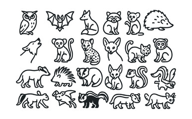 Obraz premium Line style icons of nocturnal wild animals: owl, bat, fox, raccoon, hedgehog, wolf, kinkajou, bush baby, ocelot, nightjar, slow loris, porcupine, badger, bobcat, night monkey, panther, flying