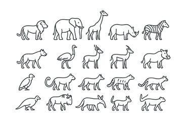 Line style icons of African savanna animals: lion, elephant, giraffe, zebra, hyena, rhino, cheetah, antelope, meerkat, ostrich, gazelle, warthog, vulture, baboon, jackal, civet, aardvark, wildebeest,