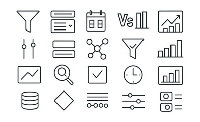 Line style icons of data comparison and filters: filter funnel, dropdown selector, date range picker, compare metrics, chart toggle, dataset switch, variable selector, filter applied, chart type menu