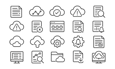 Line style icons of cloud monitoring and logs: system logs, performance graph, uptime monitor, incident alert, log search, cloud alert, error log, status dashboard, log viewer, metrics report,