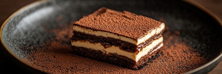 Elegant chocolate layered cake slice on textured plate with dusting cocoa