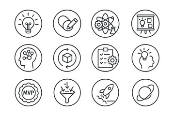 Line style icons of round innovation process: round idea lightbulb, round prototype icon, round R&D icon, round concept board, round design thinking, round product iteration, round test phase, round