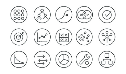 Line style icons of round machine learning models: round training set, round decision tree, round regression curve, round classifier icon, round prediction badge, round model accuracy, round