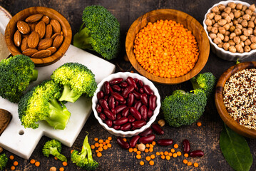 Asortment of plant based vegan protein products