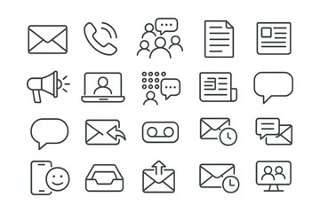 Line style icons of communication at work: email icon, phone call, group chat, internal memo, announcement speaker, video call, Slack message, company newsletter, speech bubble, direct message,