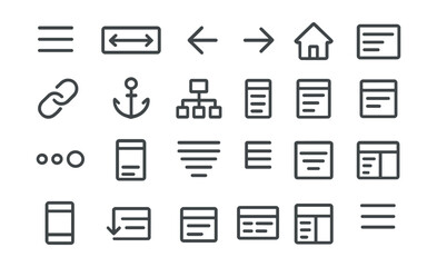 Line style icons of navigation elements: menu icon, navigation bar, back arrow, forward arrow, home icon, link icon, anchor link, section scroll, sitemap, tab navigation, breadcrumbs, scroll
