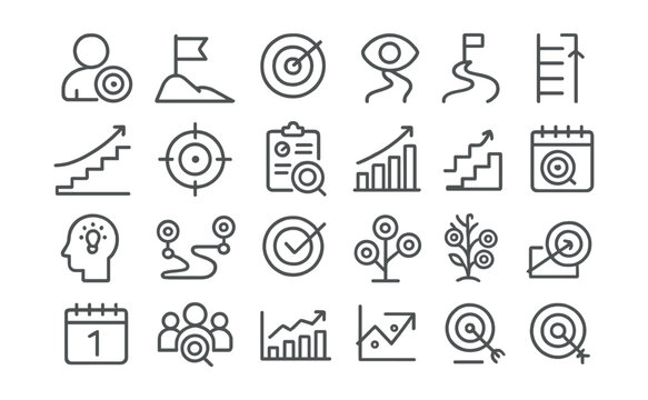 Line style icons of leadership and management: visionary leader, strategic alignment, performance review, leader speech, manager approval, leadership style, decision making, conflict resolution,