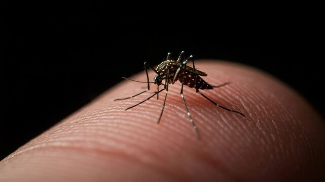 Mosquito resting on a human finger in low light environment  
