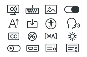 Line style icons of accessibility in UI: screen reader, keyboard nav, alt text icon, high contrast toggle, font resize, skip nav, accessible icon, voice control, caption icon, colorblind filter, ARIA