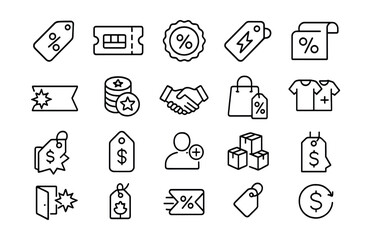 Line style icons of discount and promotions: discount tag, coupon code, sale badge, flash sale, limited offer, promo banner, loyalty points, deal icon, buy 1 get 1, special price, referral bonus,