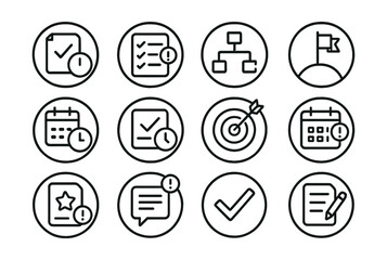 Line style icons of round task and workflow alerts: round task due, round checklist alert, round project update, round milestone reached, round deadline icon, round overdue task, round goal reminder,