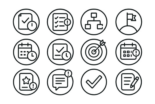 Line style icons of round task and workflow alerts: round task due, round checklist alert, round project update, round milestone reached, round deadline icon, round overdue task, round goal reminder,