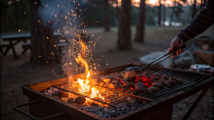 Outdoor Barbecue Grill with Flames and Meat in Forest Camping Area