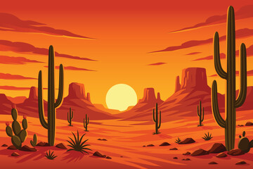 Desert Western Sunset Background Vector Illustration