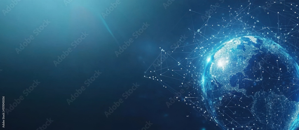 Poster digital blue background with a digital globe and network connections, a data transfer concept for we