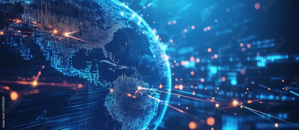 Poster Digital technology on a blue background with a digital globe and global network connection representing the concept of data transfer and information exchange on the internet in dark blue Generative AI