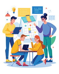 Cartoon vector illustration of diverse construction workers and businesspeople working in an office