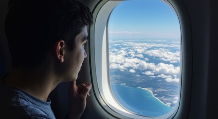A young traveler looks out the window of an airplane, observing fluffy clouds and a distant ocean