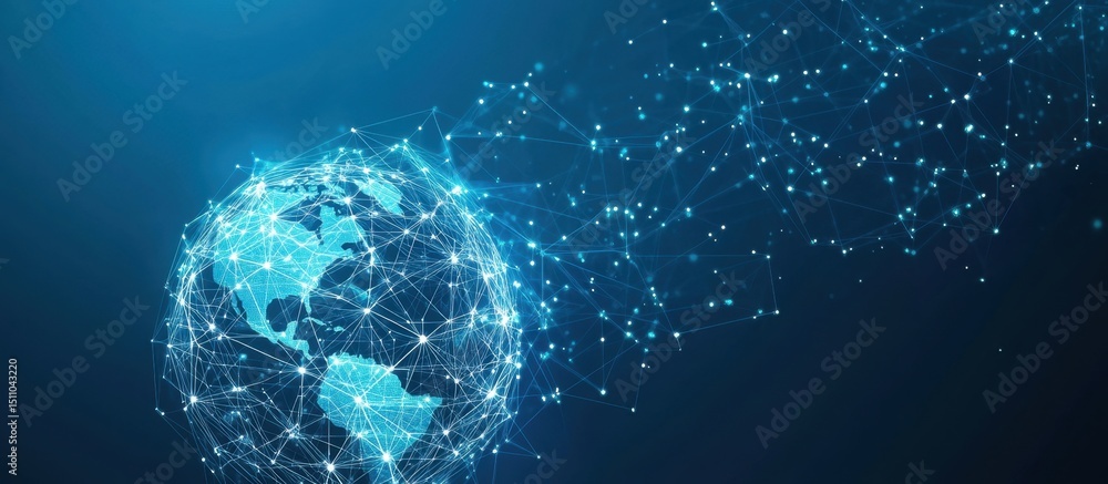 Poster digital blue background with glowing data connections and an earth globe in the foreground, represen