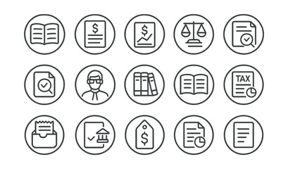 Line style icons of round accounting and reports: round ledger icon, round income statement, round profit/loss, round balance sheet, round tax report, round audit file, round accountant icon, round
