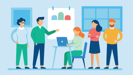 Cartoon vector illustration of business people in an office meeting room, working as a team with computers and communication