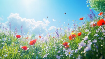 Wildflowers bloom in a sunny meadow. Tall grass sways in a warm breeze