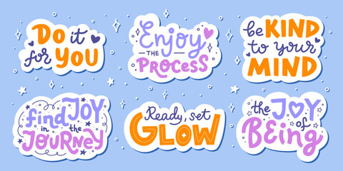 Collection of stickers with hand lettering phrases. Vector illustration with inspirational clip art quotes. Designs with inspirational themes for stationery, card, or social media.