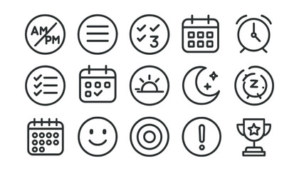 Line style icons of round daily planning: round AM/PM block, round daily log, round top 3 tasks, round calendar view, round today’s schedule, round daily agenda, round start-of-day icon, round end-of