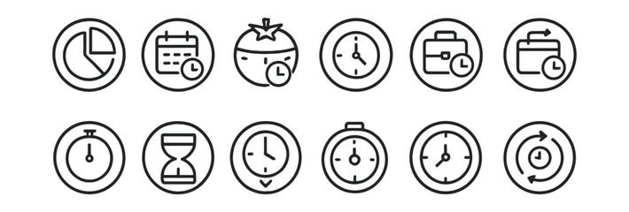 Line style icons of round time management: round time block, round schedule icon, round pomodoro timer, round alarm clock, round event icon, round working hours, round calendar sync, round time