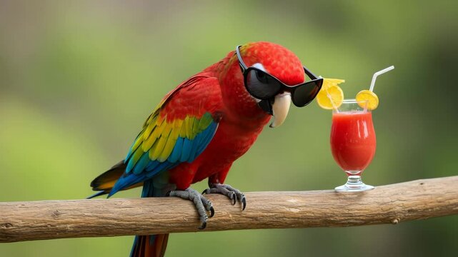 Colorful parrot wearing sunglasses next to tropical drink on branch  