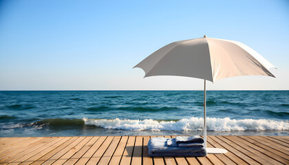 A white beach umbrella is placed on a wooden deck by the sea. Folded towels are lying nearby. The sea and blue sky are visible in the background.