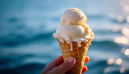 Close-up of hand holding waffle cone with two scoops of melting vanilla ice cream on blurred background of blue water with sun glare
