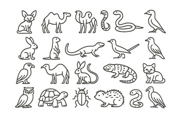 Line style icons of desert animals: fennec fox, camel, scorpion, rattlesnake, jackrabbit, meerkat, desert lizard, roadrunner, hawk, dromedary, jerboa, gila monster, horned viper, desert tortoise,