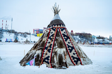 Traditional Chums, fur dressed houses, Nenets festival, Salekhard, Yamal Peninsula, Russia