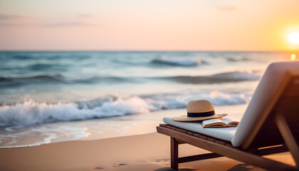 A wooden chaise lounge with a white mattress stands on a sandy beach. An open book and a straw hat with a black ribbon lie on it. In the background is the sea and the sunset sky in soft orange and pin