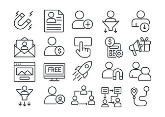 Line style icons of customer acquisition: lead generation, lead form, new user icon, user funnel, outreach email, sales qualified lead, call-to-action, acquisition cost, landing page, free trial,
