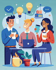 Business team meeting in office, people discussing work concept with communication symbols