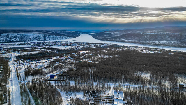 Aerial of Tura on the Yenisei river, Krasnoyarsk Krai, Evenki state, Russia