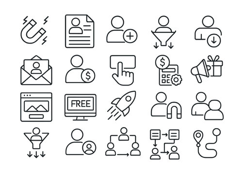 Line style icons of customer acquisition: lead generation, lead form, new user icon, user funnel, outreach email, sales qualified lead, call-to-action, acquisition cost, landing page, free trial,
