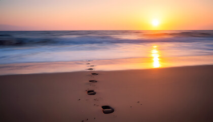 A line of footprints stretches across the wet sand of the beach towards the sea, over which the sun is setting, painting the sky orange and pink.